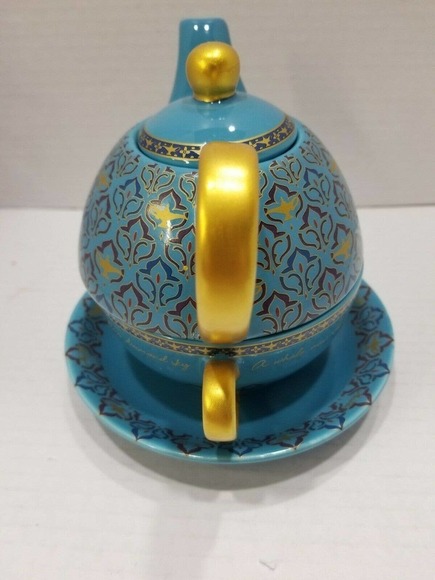 Disney Aladdin The Musical Teapot Cup Saucer Magic Lamp 3 pc set blue RARE - Picture 3 of 9